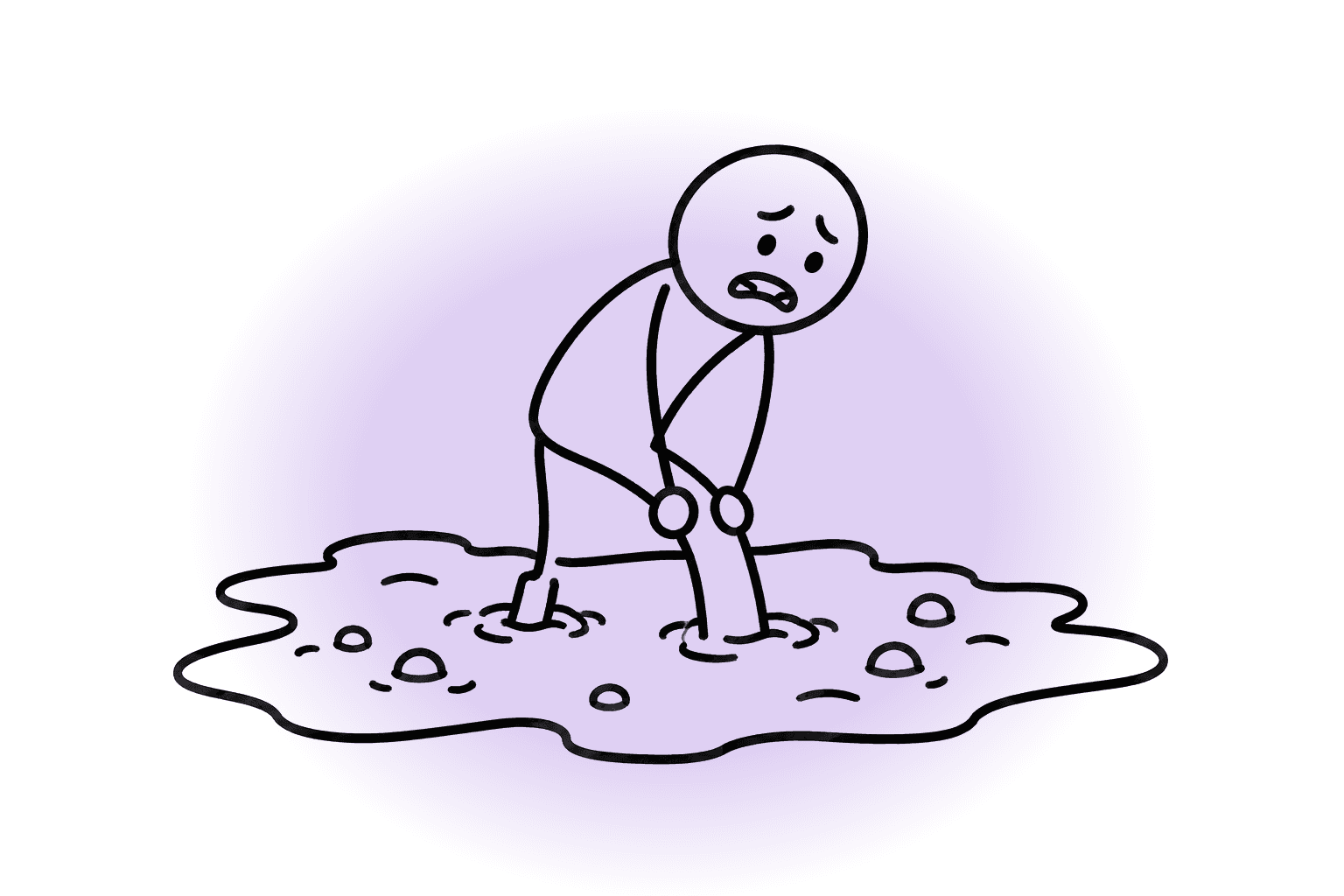 Stick-figure drawing of a person sunk knee-deep in mud, straining to pull a leg free
