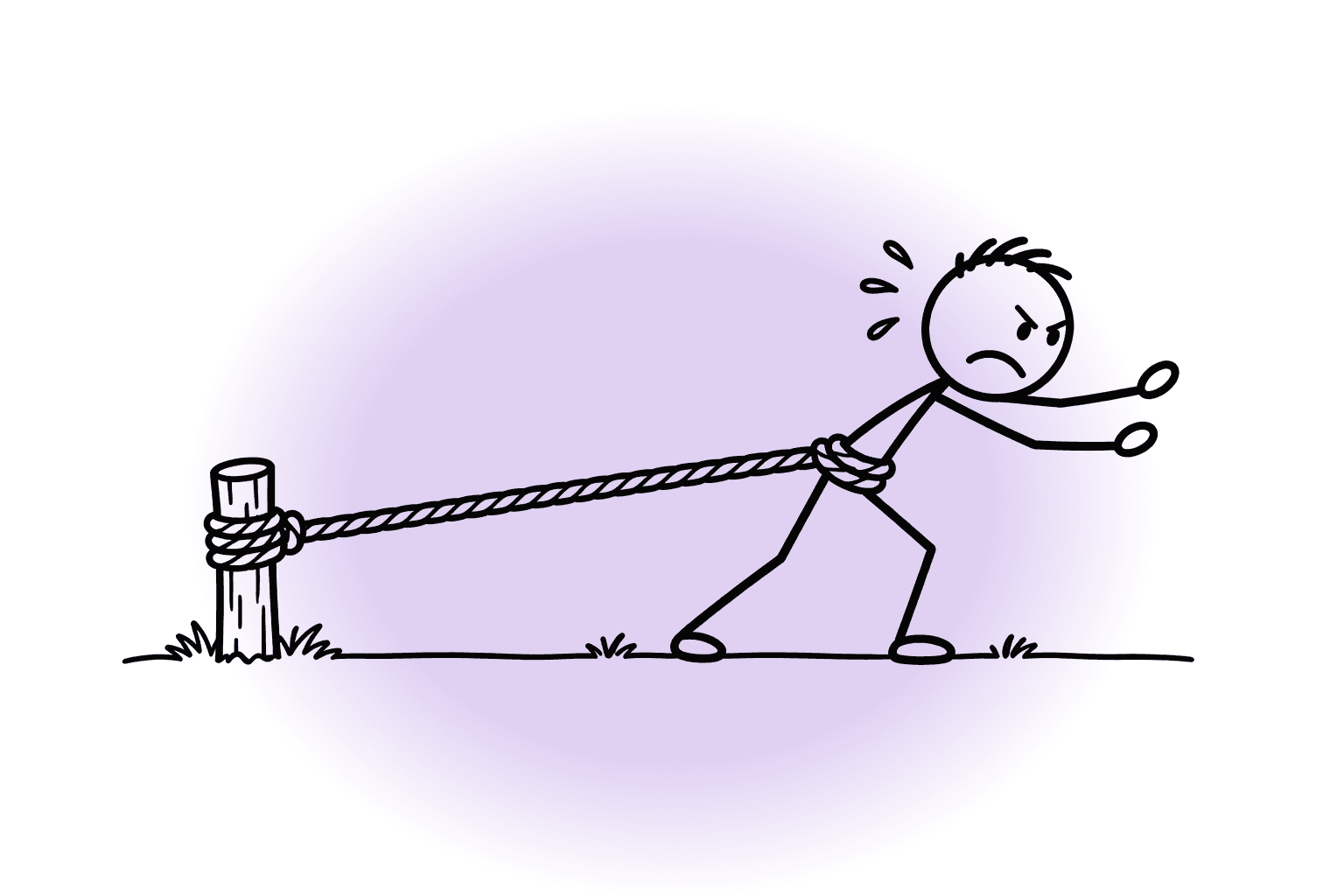 Stick-figure drawing of a person leaning forward while a rope ties them back to a post
