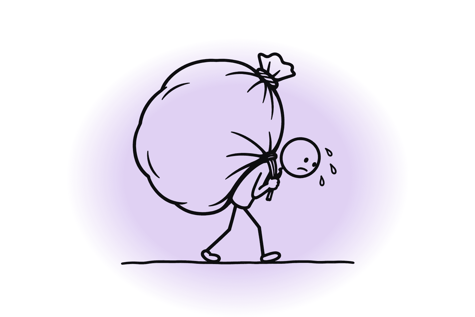 Stick-figure drawing of a person bent under a huge sack on their back