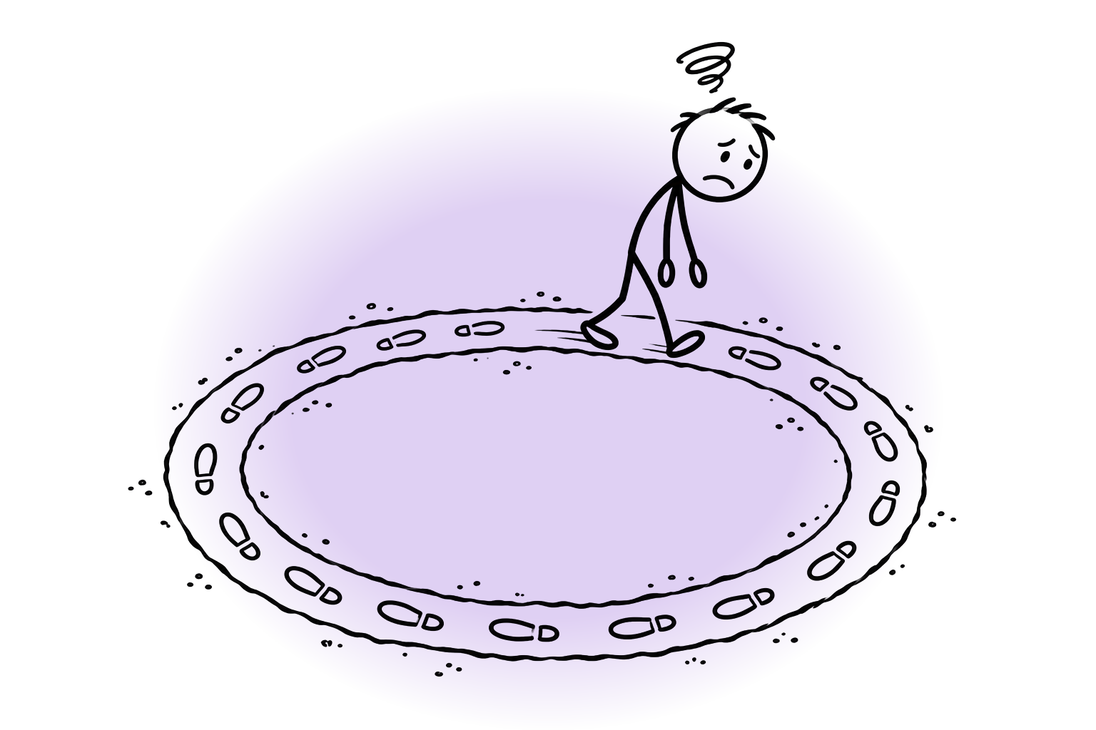 Stick-figure drawing of a tired person walking a circular track worn into the ground
