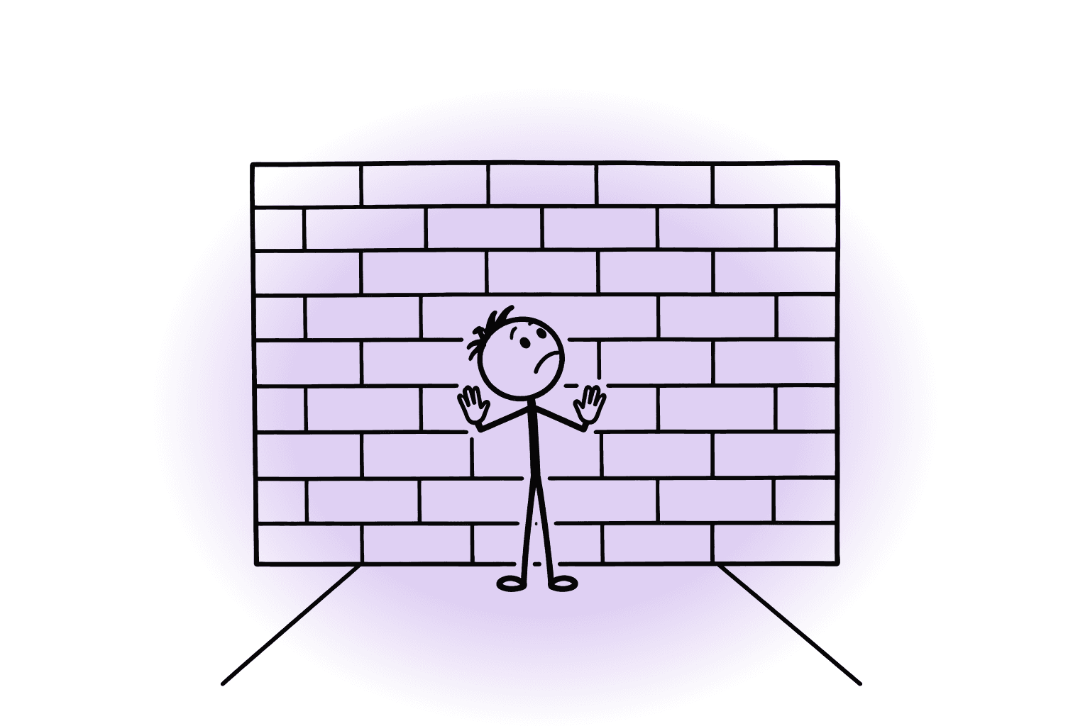 Stick-figure drawing of a person with both palms against a tall brick wall