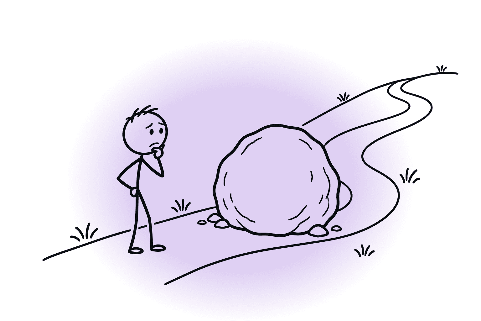 Stick-figure drawing of a person on a hill path, stopped in front of a large boulder
