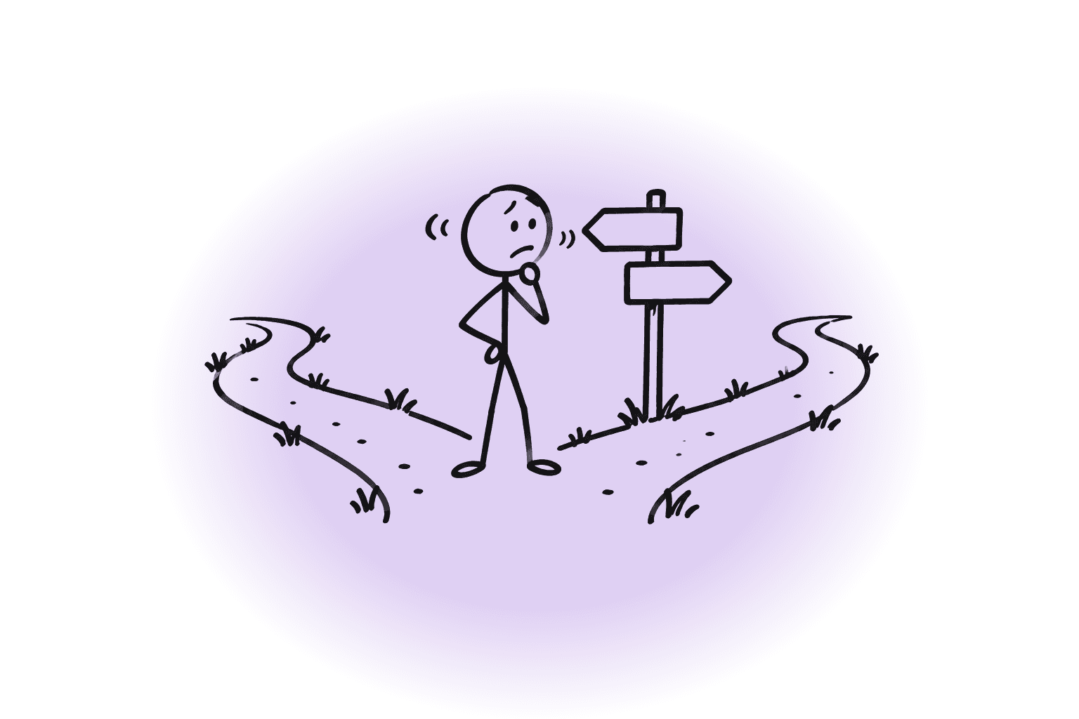 Stick-figure drawing of a person at a fork in a path, beside a signpost with two blank arrows